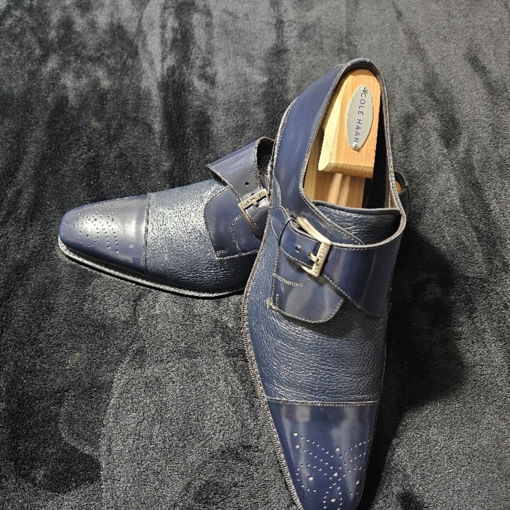 Navy Blue Leather Monk Strap Shoes